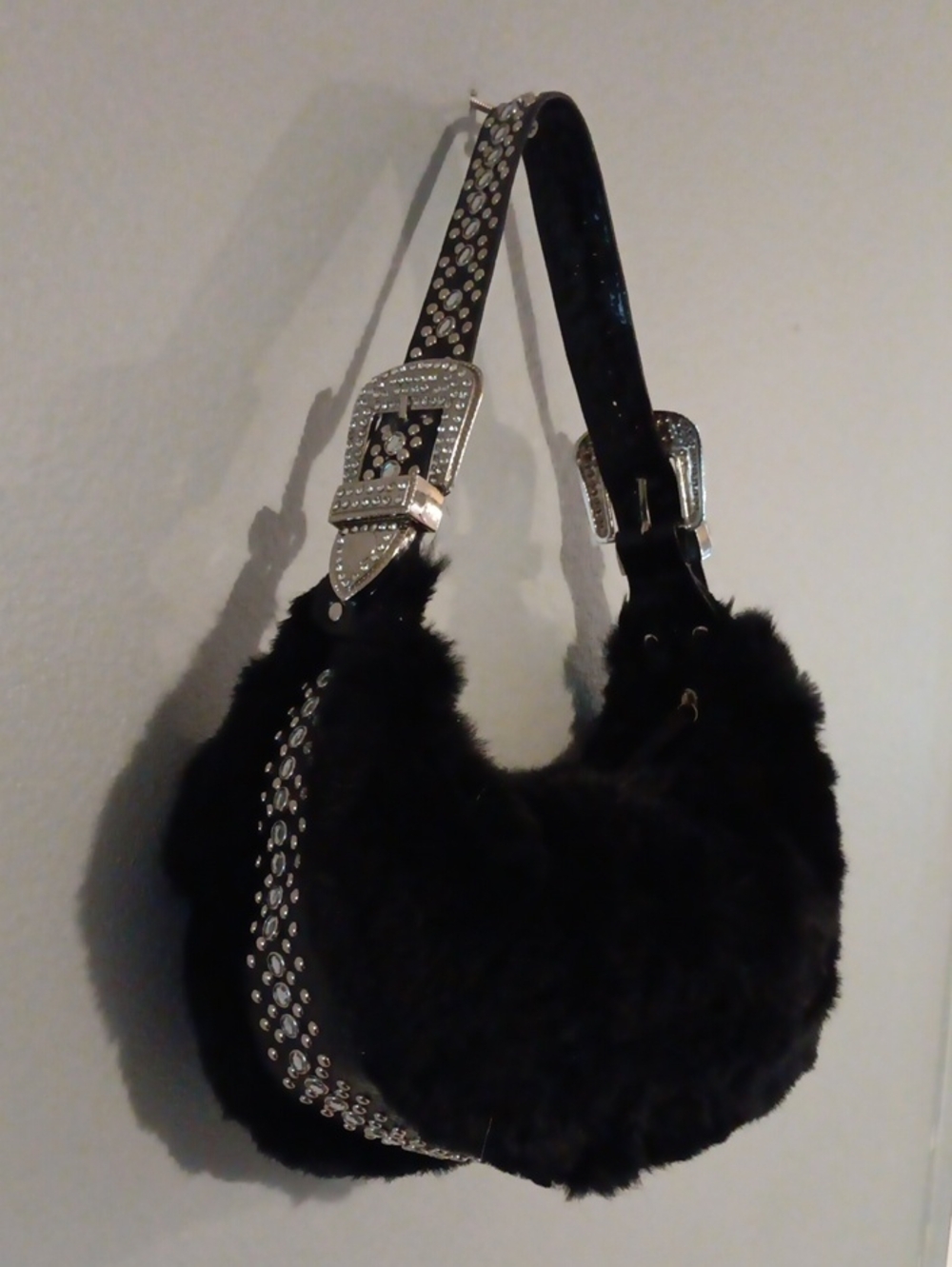 Black Faux Fur Shoulder Bag with Rhinestone Buckles